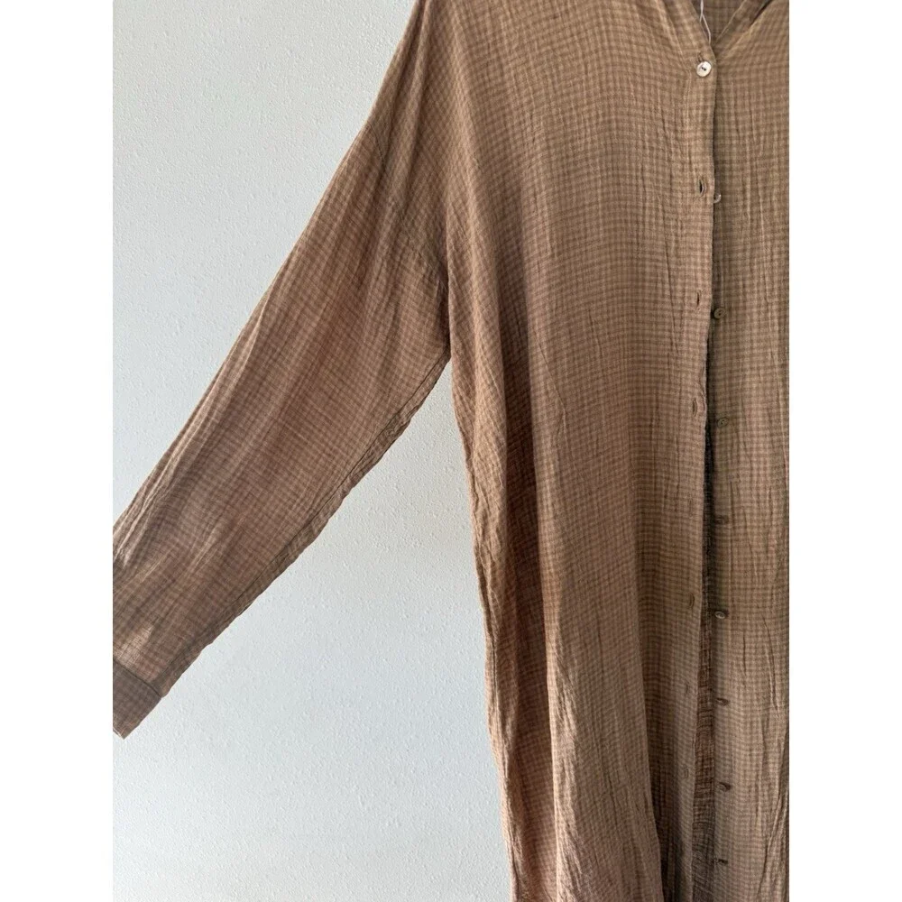 Eileen Fisher Women’s Dress Button Up Brown Orange Plaid Long Sleeve Midi Slits - Picture 2 of 6